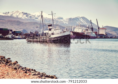 Harbor in Ushuaia city, commonly known as the southernmost city in the world, color toned picture, Argentina.