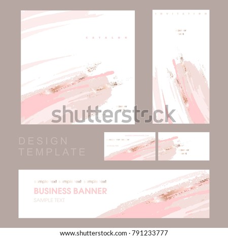 Corporate identity template for company. Invitation to a company event. Cover product catalog. Business card. Brush strokes in gentle pastel colors on a white background.