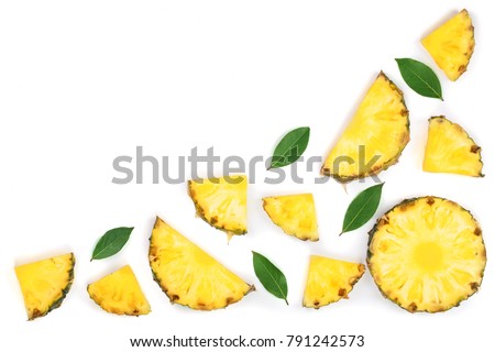 Sliced pineapple with green leaves isolated on white background with copy space for your text. Top view Royalty-Free Stock Photo #791242573