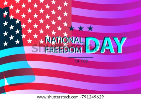 1st February National Freedom Day Illustration with a  Liberty Bell as a symbol of freedom. posters template.  American Flag as background. Glitch with gradient effect.
