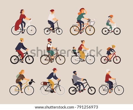 Collection of people riding bicycles of various types - city, bmx, hybrid, chopper, cruiser, single speed, fixed gear. Set of cartoon men, women and children on bikes. Colorful vector illustration. Royalty-Free Stock Photo #791256973