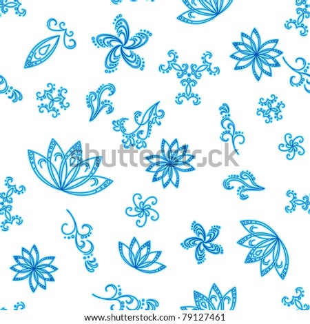 Abstract white seamless background with blue graphic floral pattern