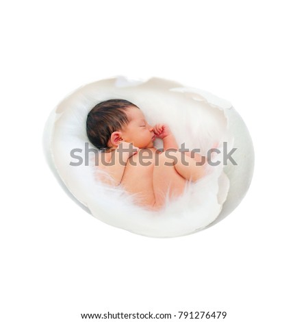 Newborn baby sleeps and sucks a finger. Newborn baby sleeping inside the egg. New life, child, fetus, embryo, conception, conceiving, impregnation, fertilization, IVF concept. Isolated on white. Royalty-Free Stock Photo #791276479