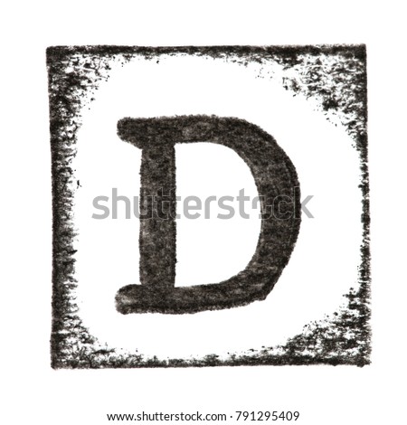 Capital letter 'D' printed black ink stamp isolated on white background