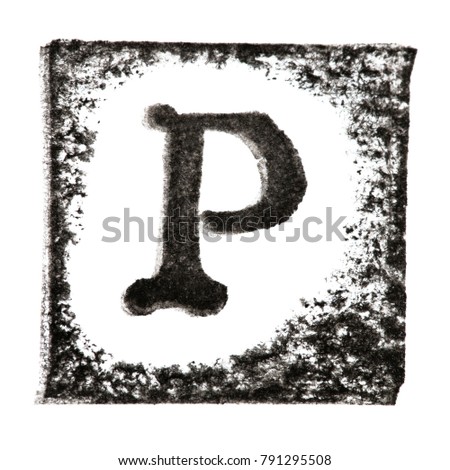 Capital letter 'P' printed black ink stamp isolated on white background