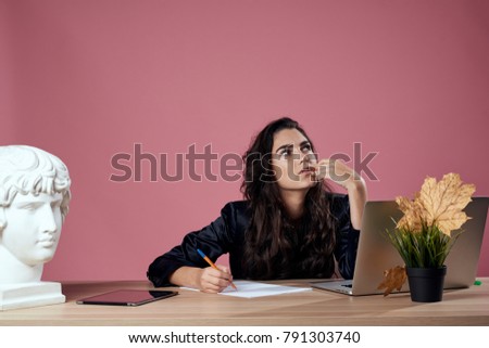 sculpture, office, business woman on a pink background, technology                               