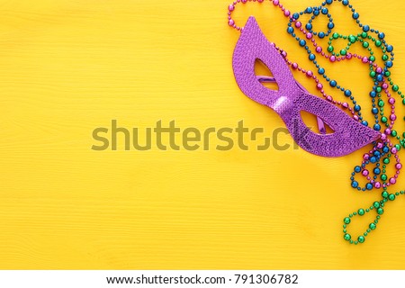 Top view image of masquerade background. Flat lay. Mardi Gras celebration concept
