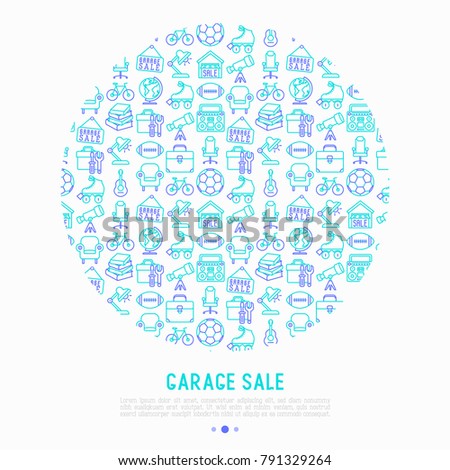 Garage sale concept in circle with thin line icons: signboard, globe, telescope,guitar, rollers, armchair, toolbox, soccer ball. Modern vector illustration, web page template.