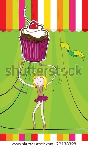 A Girl walking on Wire and Carrying a Huge Cupcake
