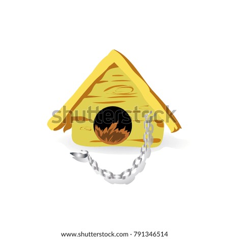 House for a dog, with chain, cartoon on white background, vector