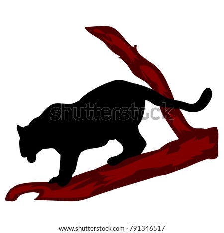 Black panther descends on a tree, silhouette on a white background, vector