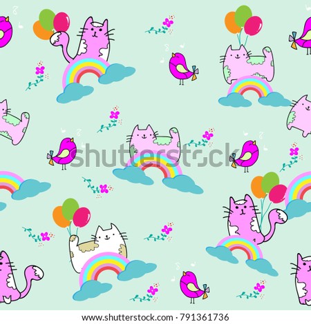 Cute Cat seamless pattern with Little Bird on colorful background Vector illustration.Doodle Cartoon style