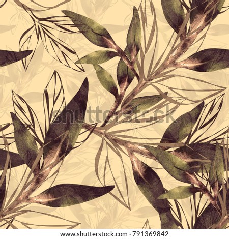 Peony branch in watercolor and count on a colored background.Seamless pattern.