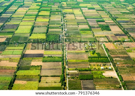 aerial photo of agro, summer view of green land with fields and gardens