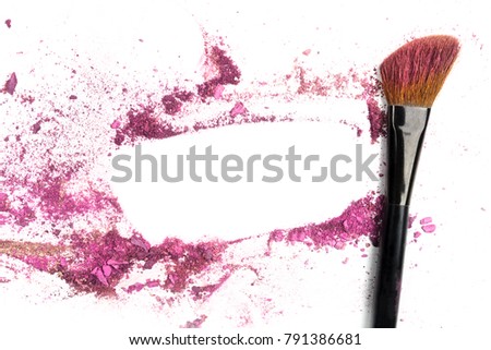 Traces of vibrant pink powder and blush forming a frame, with a makeup brush. A square template for a makeup artist's business card or flyer design, with copy space