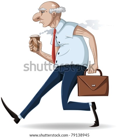 A vector illustration of an old businessman walking with a briefcase and a hot take-away coffee cup.