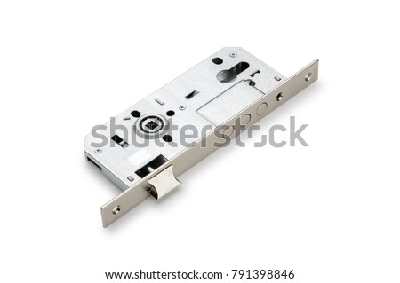 Mortise lock with cylinder for door, isolated on white background. With ball bearing and three steel bars bolt Royalty-Free Stock Photo #791398846