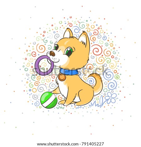 Happy golden cartoon puppy. Cute little dog wearing collar. Raster illustration on patterned background.