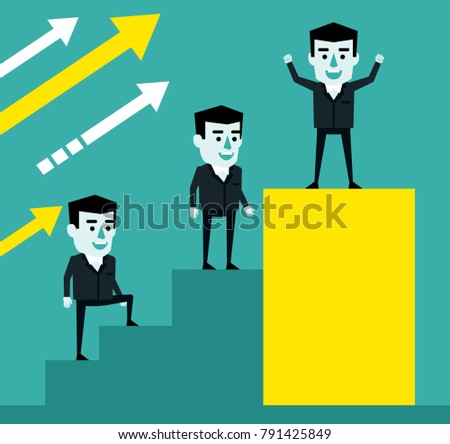 Career growth, teamwork, business team. Successful businessman stands on a growth chart. Flat style vector illustration