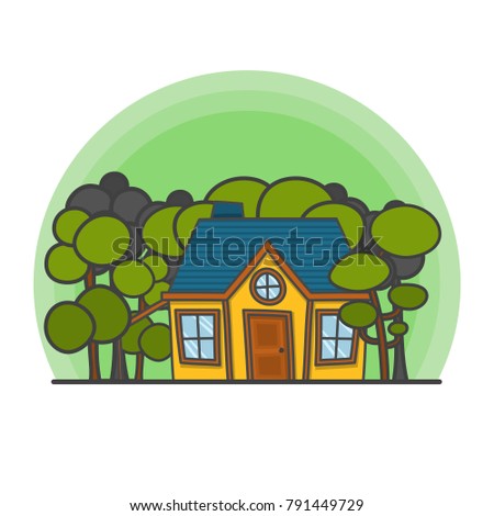 Cartoon scene with house in the forest illustration. Doodle vector, hand drawn building