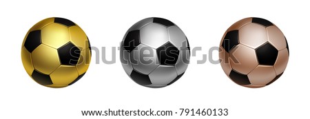 Three soccer football ball in gold, silver and bronze for first second and third awards, isolated on the white background vector illustration.