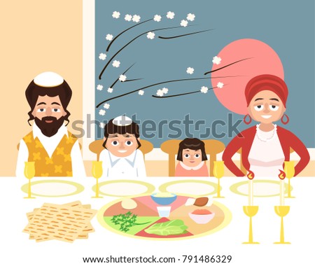 jewish family at feast of passover - funny vector cartoon illustration in flat style