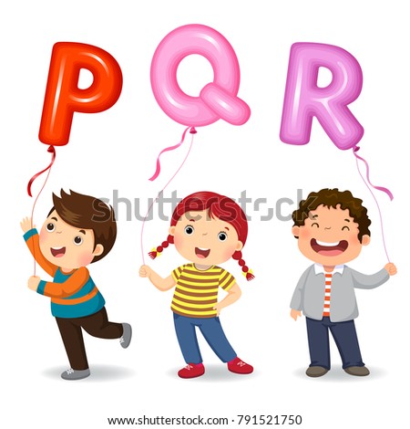 Cartoon kids holding letter PQR shaped balloons