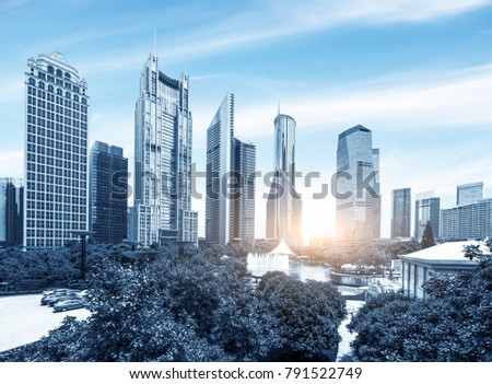 cityscape and skyline of shanghai from empty urban road