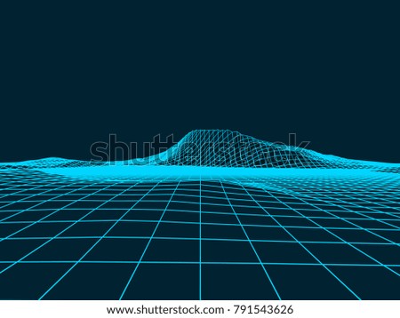 Abstract wireframe landscape background. Wireframe 3D landscape mountains. Abstract vector background for presentations. Network cyber technology. Futuristic 3D wireframe cartography.