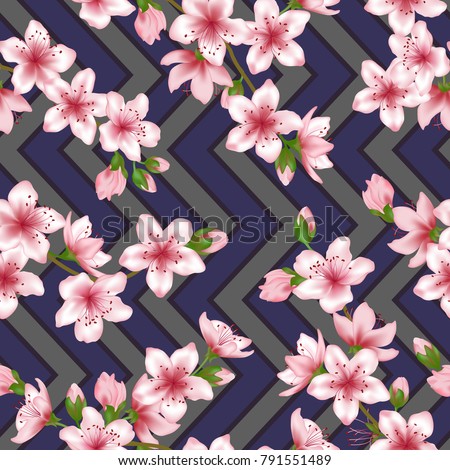Chinese cherry blossom patter, blue grey geometric seamless vector background. Fashionable sakura branch textile, pink apricot blossom fabric, apple flowers spring trees tablecloth pattern.