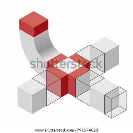 Abstract curved vector shape reminiscent of technological development, nanotechnology component. Isometric brand of scientific institution, research center, laboratories, spatial paradox.