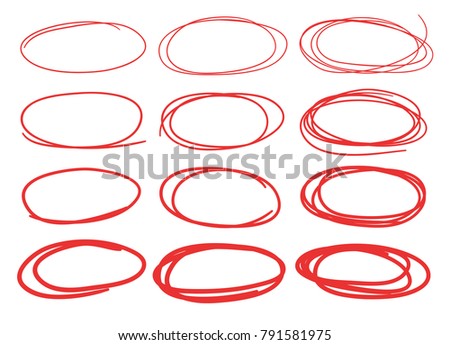 Hand drawn set of objects for design use. Red Vector doodle ellipses on white background.  Abstract pencil drawing. Artistic illustration grunge elements