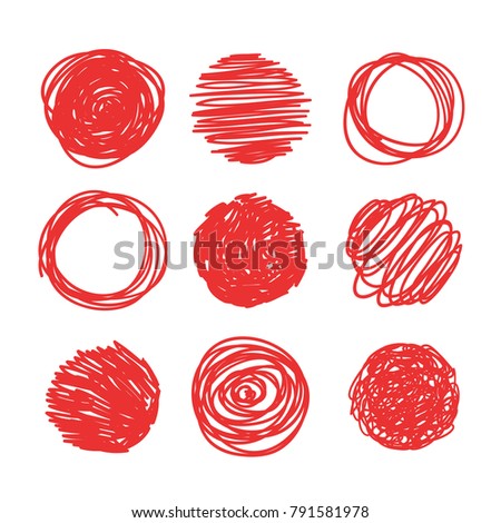 Hand drawn set of objects for design use. Red Vector doodle circles on white background.  Abstract pencil drawing. Artistic illustration grunge elements