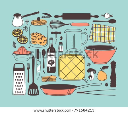 Hand drawn illustration cooking tools. Creative ink art work. Actual vector drawing. Kitchen set