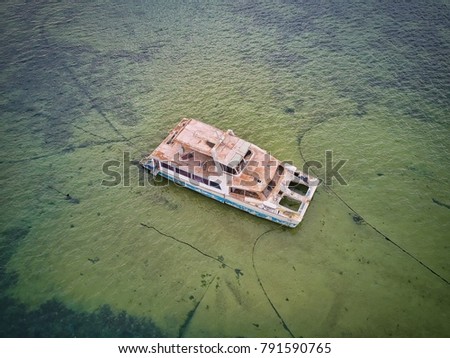 Aerial view wreckage catamaran boat at benoa bay in bali indonesia