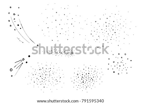 Hand draw starry elements. Stars cluster, falling stars. Sketched vector elements for universe and astrology illustration, cartoon style. Royalty-Free Stock Photo #791595340