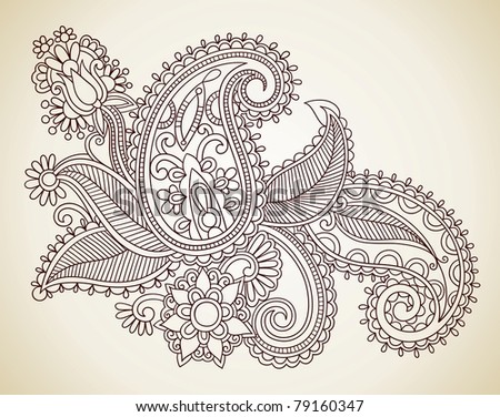 Hand-Drawn Abstract Henna Mendie Flowers Doodle  Illustration Design Element Royalty-Free Stock Photo #79160347