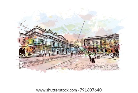The street with ancient buildings in the center of Milan, Italy. Watercolor splash with sketch illustration in vector.