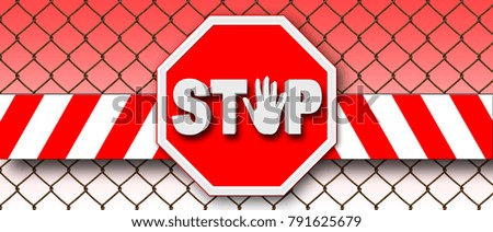 Stock Illustration - Red Stop Traffic Sign, White Text STOP, 3D Illustration, Isolated against the White Fenced Background.