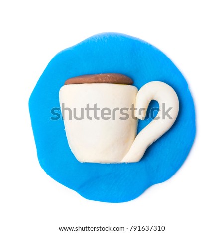 Plasticine coffee cup icon. Modeling clay handmade coffee cup isolated on white background.