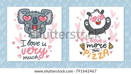 Set of Greeting cards for Valentine's Day with cute characters and lettering calligraphy text. Hand drawn romantic illustrations on pink hearts background in cartoon, doodle style