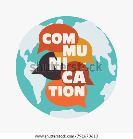 Vector illustration of a communication concept. The word "communication" with colorful dialog speech bubbles