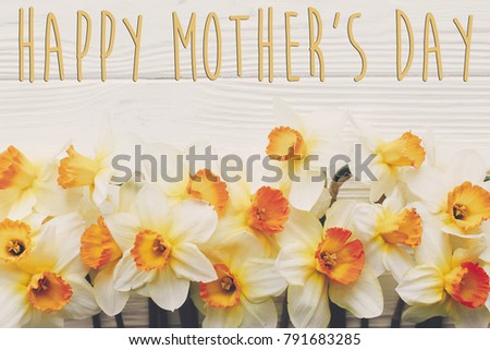 happy mother's day text. spring flat lay with flowers daffodils on rustic wooden background top view. stylish modern happy mothers day greeting card. space for text