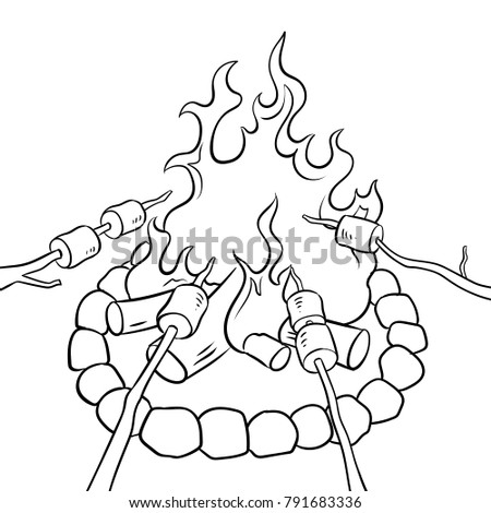 Marshmallow on bonfire coloring vector illustration. Isolated image on white background. Comic book style imitation.