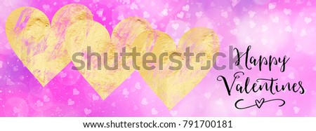 purple abstract background with hearts, 3 gold hearts with 'Happy Valentines' quote. Perfect for social media campaigns
