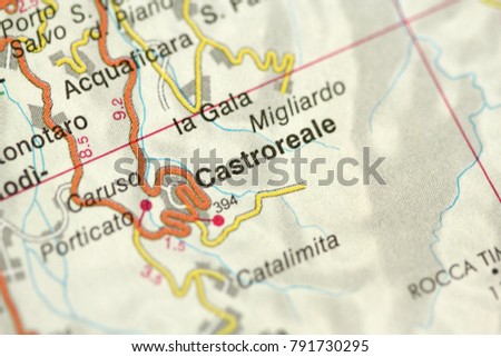 Castroreale. Map. The islands of Sicily, Italy.