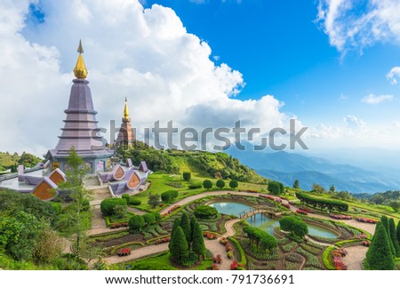 Landscape  of two pagoda (noppha methanidon-noppha phon phum siri stupa) in an Inthanon mountain, chiang mai, Thailand Royalty-Free Stock Photo #791736691