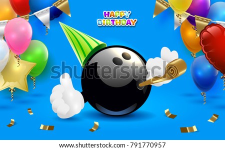 Bowling happy birthday party. Vector clip art illustration.