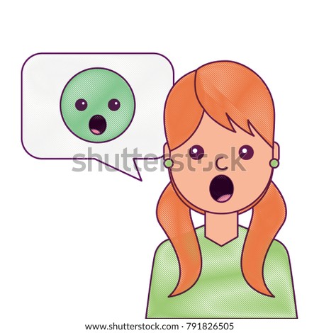 young woman with emoticon surprised in speech bubble
