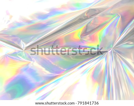 Holographic iridescent color wrinkled foil. Real Hologram Background of wrinkled abstract foil texture with multiple colors. Blue neon pastel holographics gradient mesh template background or surface Royalty-Free Stock Photo #791841736